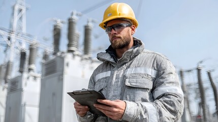 Engineer inspecting electric transformer outdoors