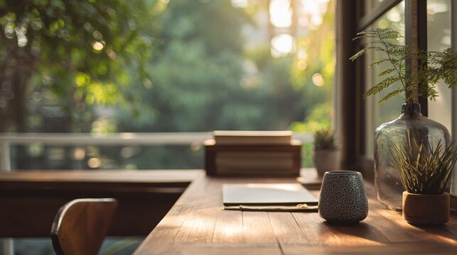 Peaceful desk setup with open window, soft breeze, and calming decor