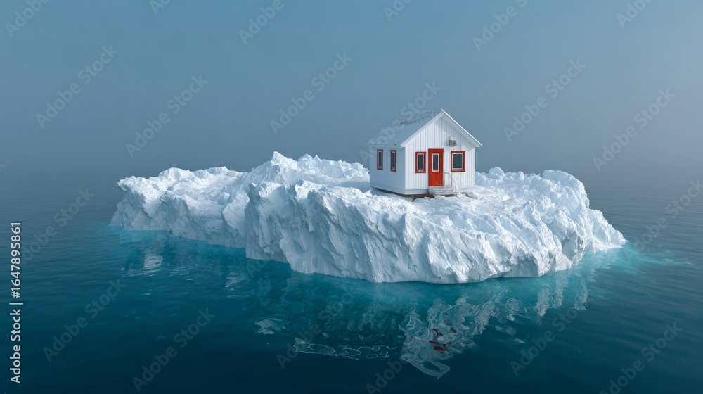 Poster small white house is on top of a large ice block. the house is surrounded by water and ice. the imag