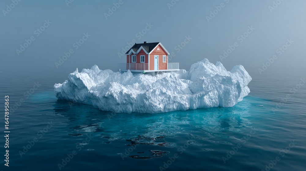 Poster house is on top of a large ice block in the ocean. the house is small and red. the image has a surre
