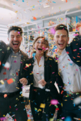 Blurred background of people in business suits celebrating in an office, throwing confetti and holding party streamers. Concept of corporate celebration, team success, and joyful workplace moments.