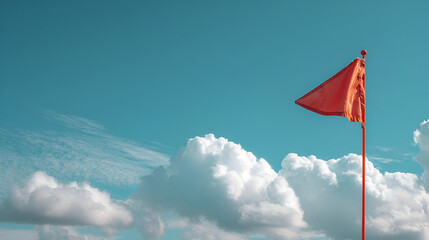 Red Triangle Flag Against a Blue Sky with Puffy White Clouds