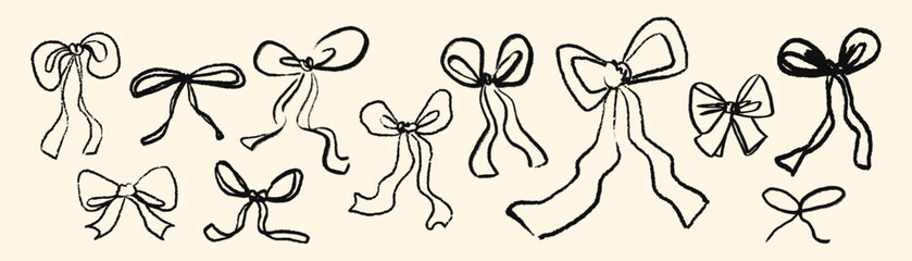 Ribbon bow knots hand drawn design elements set. Hand drawn doodle scribble stickers with chalk, charcoal, wax crayons texture. Simple naive abstract art vector illustration isolated