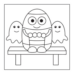 Easter egg character with two ghost friends sitting on a bench vector illustration