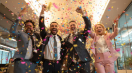 Fototapeta premium Blurred background of people in business suits celebrating in an office, throwing confetti and holding party streamers. Concept of corporate celebration, team success, and joyful workplace moments.