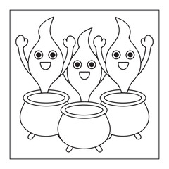 Three playful ghost characters emerging from cauldrons outline for Halloween drawing