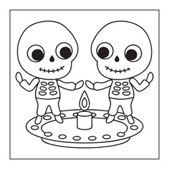 Two cute skeleton characters standing around a lit candle on a circular platform in a line drawing