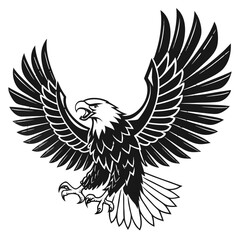 Obraz premium A bold black eagle silhouette with wings fully spread in a symmetrical pose, sharp feathers, strong talons extended, and a fierce expression. Minimalist vector style, high contrast, clean lines, cente