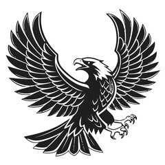 Obraz premium A bold black eagle silhouette with wings fully spread in a symmetrical pose, sharp feathers, strong talons extended, and a fierce expression. Minimalist vector style, high contrast, clean lines, cente