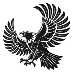 A bold black eagle silhouette with wings fully spread in a symmetrical pose, sharp feathers, strong talons extended, and a fierce expression. Minimalist vector style, high contrast, clean lines, cente