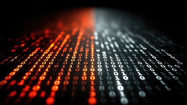 Dynamic binary code stream with vibrant red and white digital numbers, representing modern data processing and technology concepts, ready for commercial use