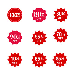 Set of discount labels ,20%,30%,40%,50%,70%,90%,100%.