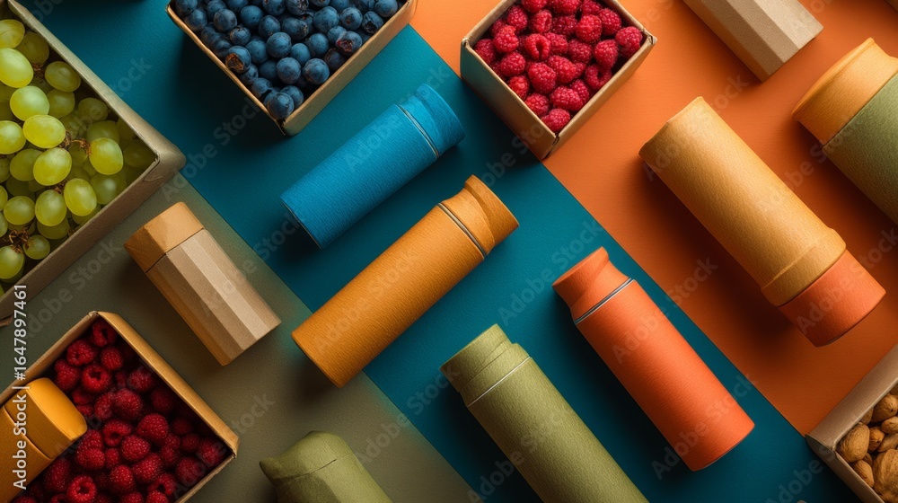 Poster abstract colorful arrangement of boxes and cylinders in geometric pattern