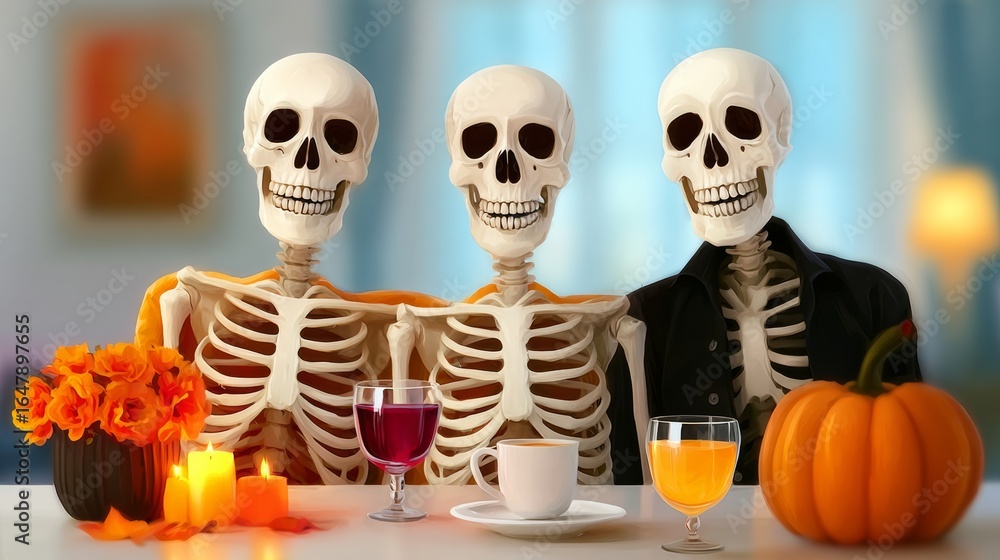 Poster three skeletons are sitting at a table with a pumpkin and a vase of flowers. the table is set with c