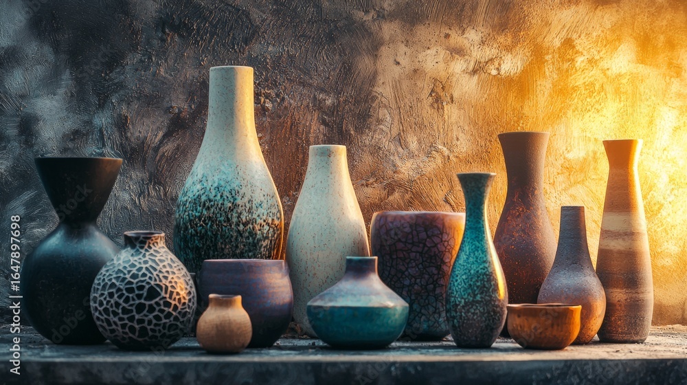 Poster ceramic vases in assorted shapes and colors on rustic background