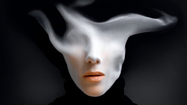 Woman's face is blurred and distorted, giving the impression of a ghostly figure. The image is black and white, with a dark background. Scene is eerie and unsettling, as the woman's face is obscured - Powered by Adobe