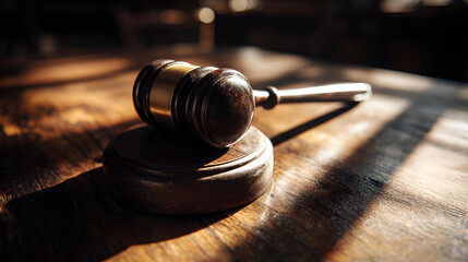 Obraz premium Wooden Gavel on Dark Wood Surface in Sunlight