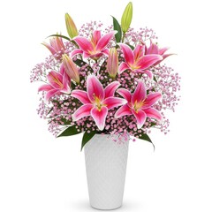 Vibrant pink lily bouquet in a white vase isolated on white background