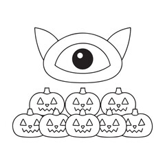 A large cyclops eye above a pile of carved Halloween pumpkins jack o lantern