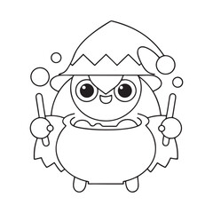 Adorable cartoon owl wizard wearing a pointy hat and holding magic wands with a cauldron witch