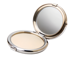 Open silver compact mirror with makeup powder isolated on transparent background