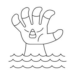 Cartoon hand emerging from wavy water with palm lines and a candy corn symbol vector illustration