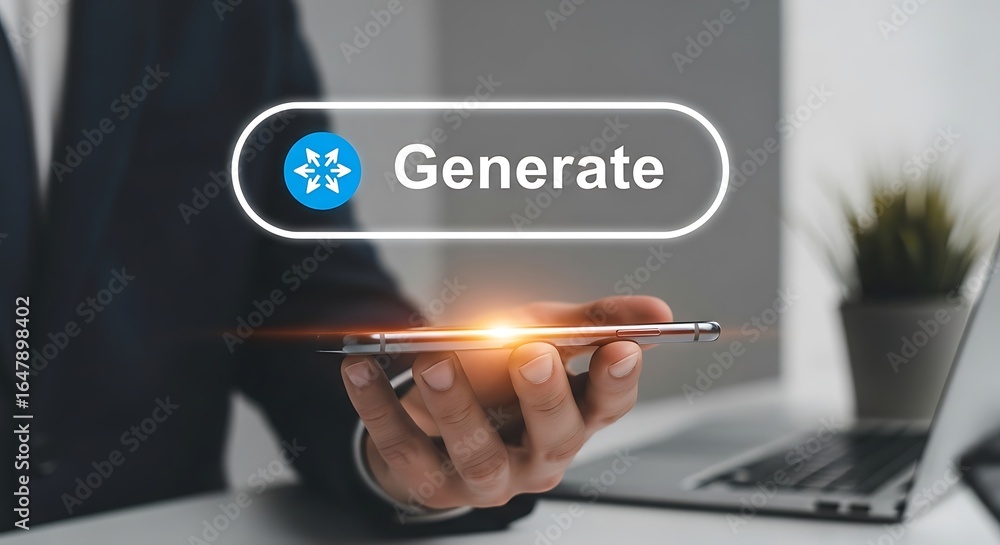 Poster businessman using a smartphone to generate a digital concept or idea on a technology platform with a