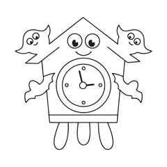 Smiling cuckoo clock with ghost-like figures on either side and clock hands time face
