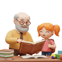 Teacher teaching student, 3D Cartoon style illustration, White Background