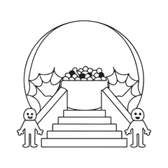 Two simple figures guarding a pot of gold on steps under a circular arch with spiderwebs people