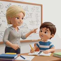 Teacher teaching student, 3D Cartoon style illustration, White Background