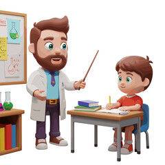 Teacher teaching student, 3D Cartoon style illustration, White Background