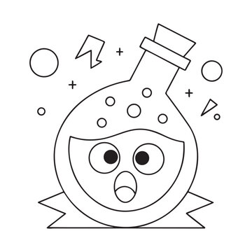 Surprised cartoon potion bottle with bubbles and geometric shapes liquid elixir