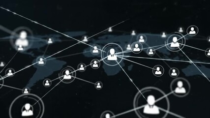 Global Social Media Network Visualization - The video illustrates a digital network of interconnected people icons against a dark world map background, symbolizing global internet connectivity and - Powered by Adobe
