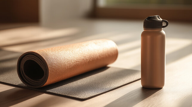 Yoga mat and water bottle with soft natural lighting - Powered by Adobe