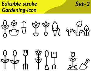 Gardening icon character in vector style, featuring tools like shovel, rake, watering can, and potted plants. Includes elements such as flowers, leaves, sprouts, and soil to represent nature, growth.