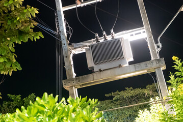 Power Transformer at Night in Urban Setting