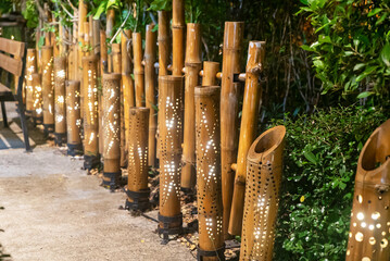Bamboo Lanterns Illuminating Garden Pathway