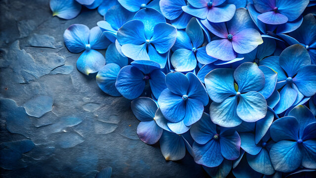 Vibrant blue hydrangea petals scattered on dark textured surface flowers floral