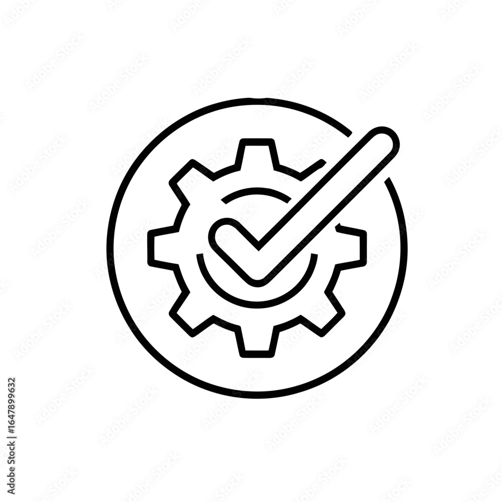 Poster gear checkmark icon represents validation certification and approval process for mechanisms tools sy