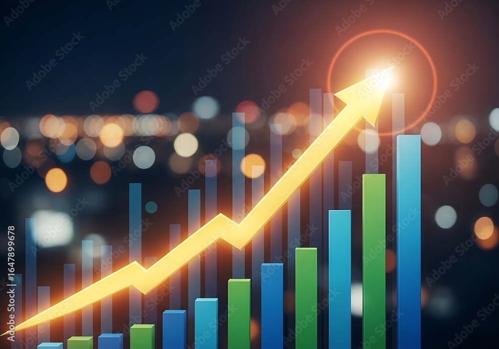 Poster a visual representation of financial growth and success with an upward trending arrow and bar graph