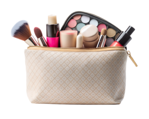 Cosmetic bag filled with various makeup products and brushes isolated on transparent background