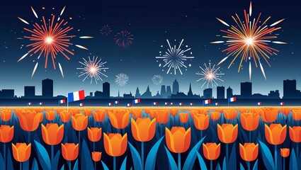 Bastille Day Fireworks Display Over French Skyline with Orange Tulips Field