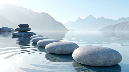 Stacked stones balancing calm water serene mountains pebbles rocks