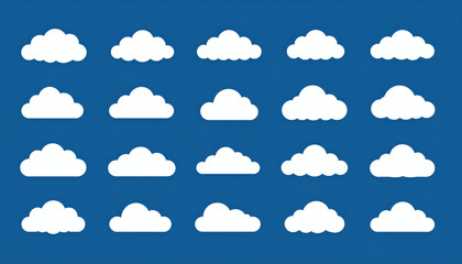 Set of White Cloud Icons on Blue Background Various Cloud Shapes and Sizes Weather Symbols Digital Illustration Sky Elements Vector Design Stock Image