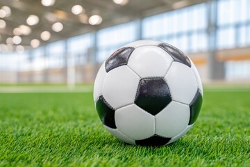 Fototapeta premium Soccer ball lying on artificial turf in indoor soccer field