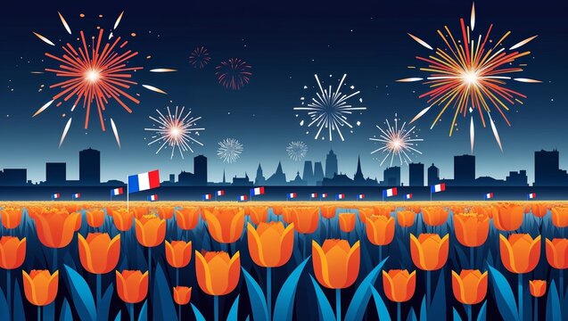 Bastille Day Fireworks Display Over French Skyline with Orange Tulips Field - Powered by Adobe