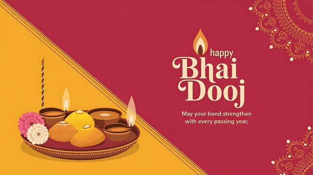 Happy bhai dooj greeting with puja thali, diya, and flowers on festive background