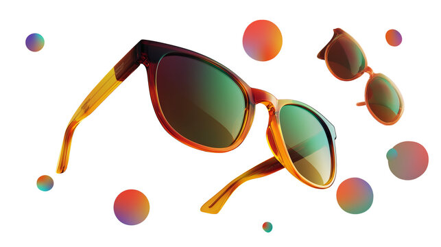 Stylish sunglasses floating on colorful gradient backdrop