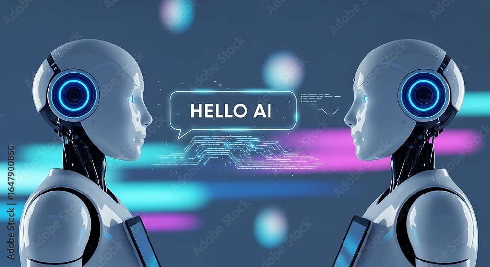 Poster two futuristic robots facing each other with a hello ai message representing artificial intelligence